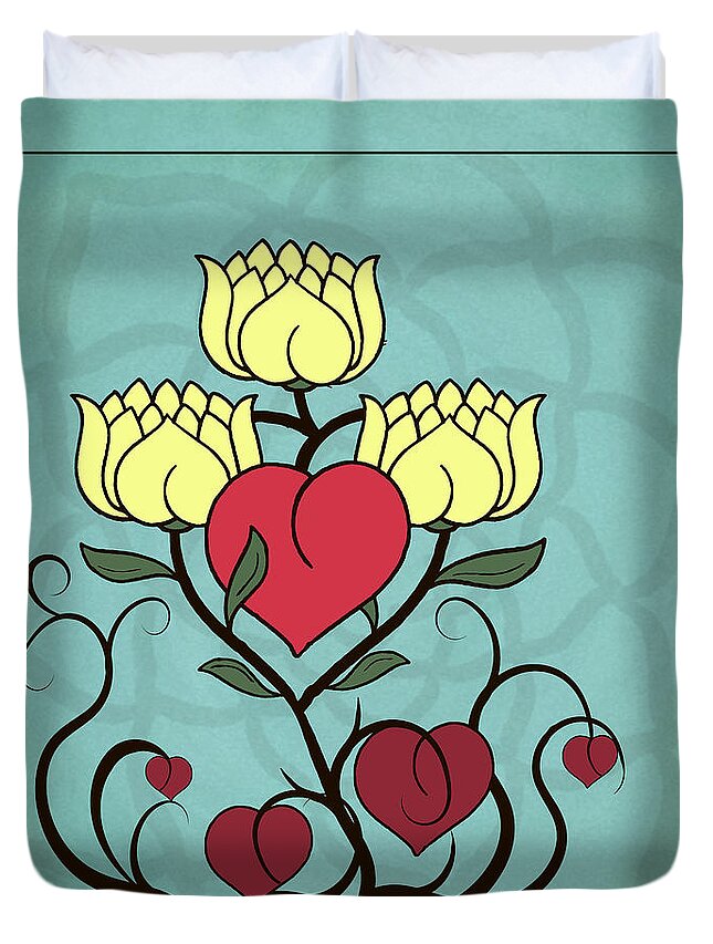 Illustration Duvet Cover featuring the digital art Hearts and Lotus Blossoms by Deborah Smith