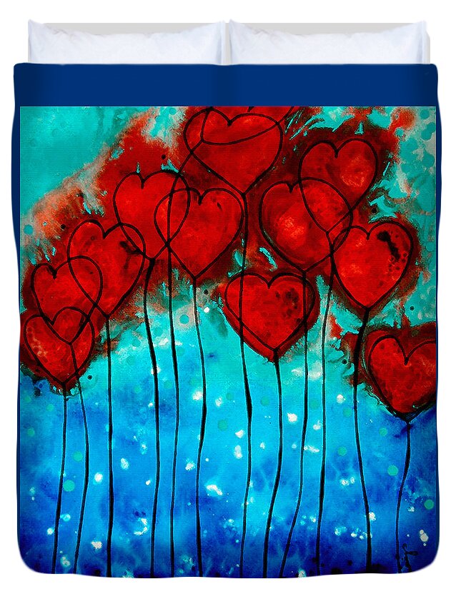Red Duvet Cover featuring the painting Hearts on Fire - Romantic Art By Sharon Cummings by Sharon Cummings