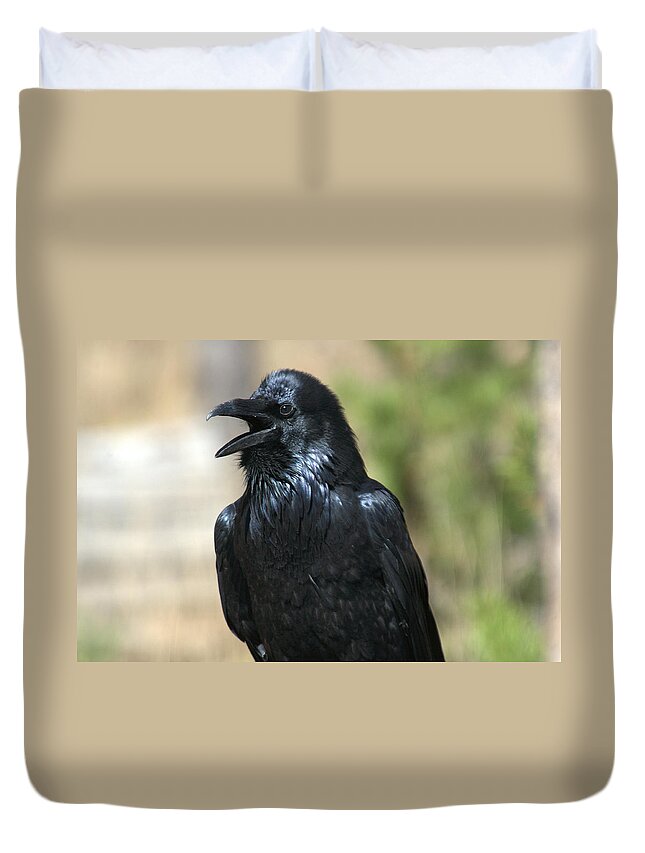Raven Duvet Cover featuring the photograph Hello. Welcome by Frank Madia