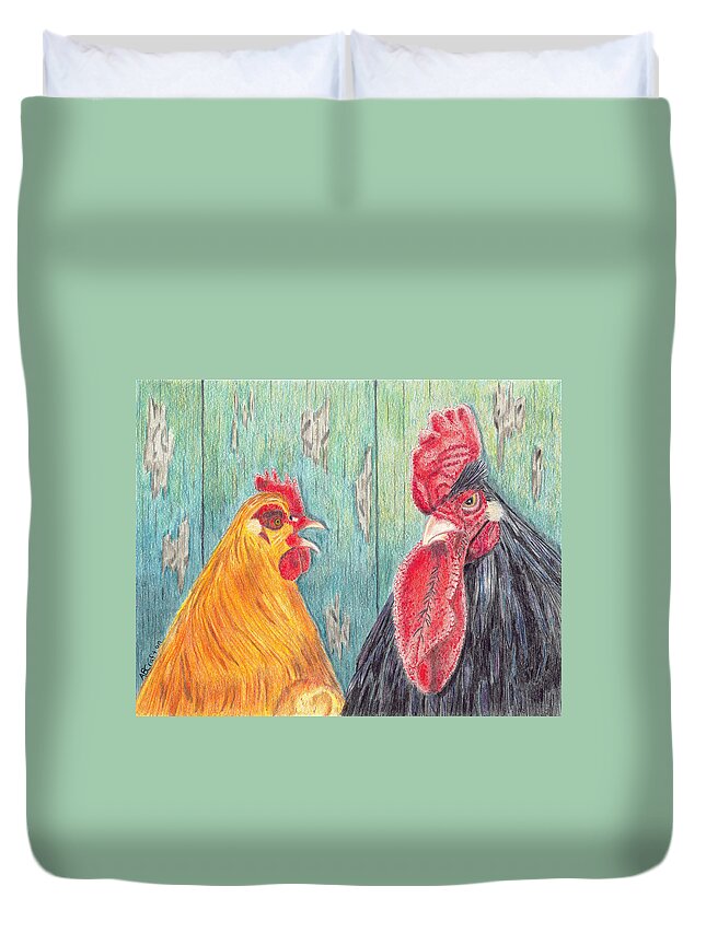 Rooster Duvet Cover featuring the drawing Henpecked by Arlene Crafton