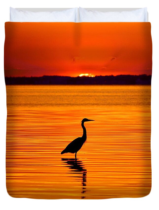  Duvet Cover featuring the photograph Heron with Burnt Sienna Sunset by Billy Beck