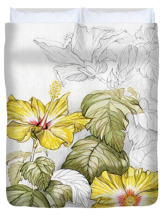 Drawing Duvet Cover featuring the painting Hibiscus Watercolor Pencil Study by Elena Daniel Yakubovich