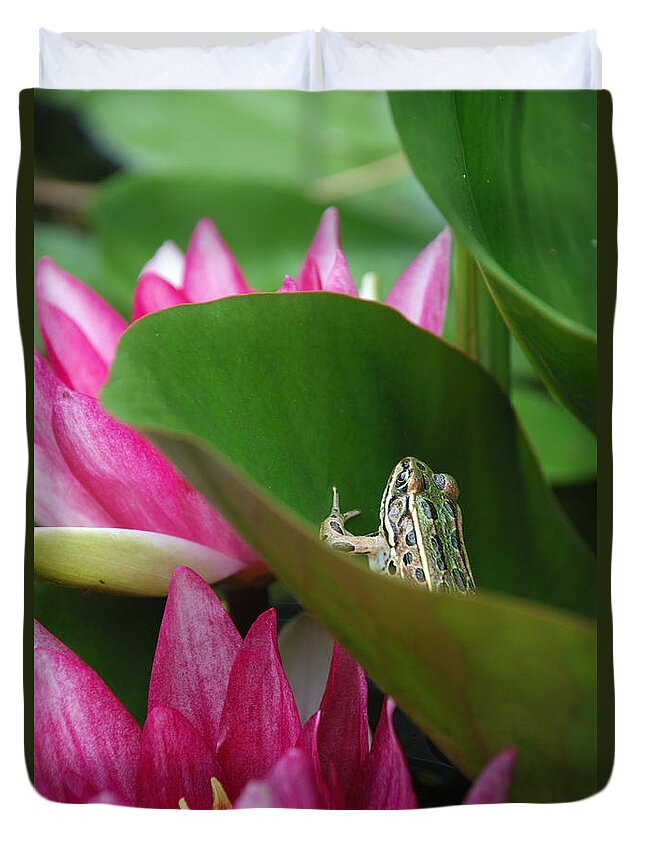 Leopard Frog Duvet Cover featuring the photograph HIDING ON THE LILY PAD No.2 by Janice Adomeit