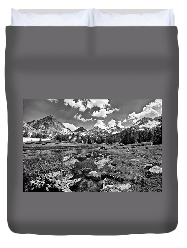 black And White Mountains Snow Hiking Meadow Stream Water Grass Clouds Sky Scenic Landscape Nature Trees Duvet Cover featuring the photograph High Sierra Meadow by Cat Connor