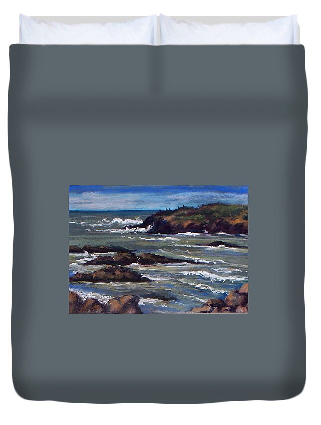 Landscape Duvet Cover featuring the pastel High Tide Pescadero Beach by Marian Berg