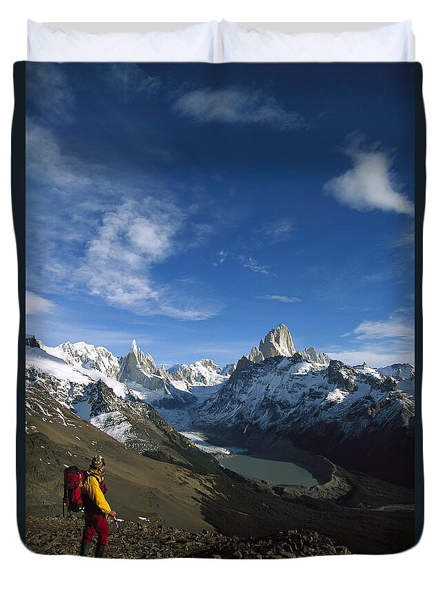 Feb0514 Duvet Cover featuring the photograph Hiker Admiring Cerro Torre And Fitzroy by Colin Monteath