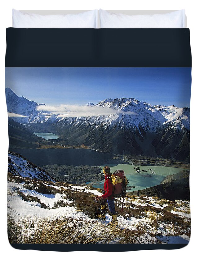Feb0514 Duvet Cover featuring the photograph Hiker Viewing Mt Cook by Colin Monteath