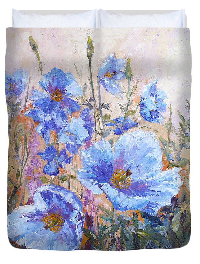Himalayan Blue Poppies Duvet Cover featuring the painting Himalayan Blue Poppies by Karen Mattson