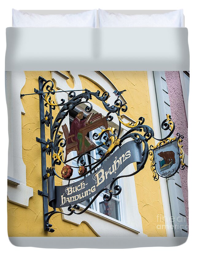 Fussen Duvet Cover featuring the photograph Historic Fussen Bear Bookstore Sign - Germany by Gary Whitton