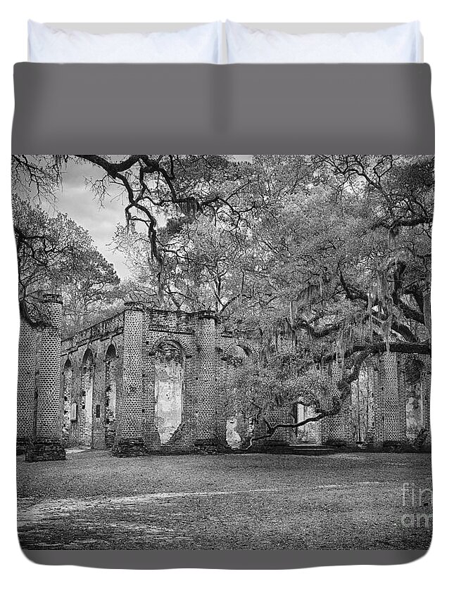 Old Sheldon Church Duvet Cover featuring the photograph Historic Sheldon Church 6 BW by Carrie Cranwill