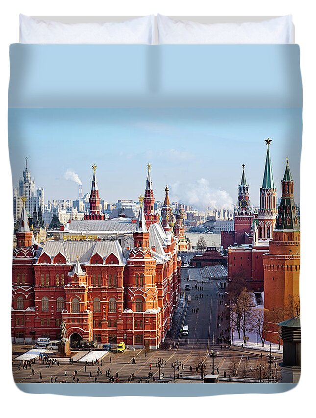 Clock Tower Duvet Cover featuring the photograph Historical Museum, Red Square And by Mordolff