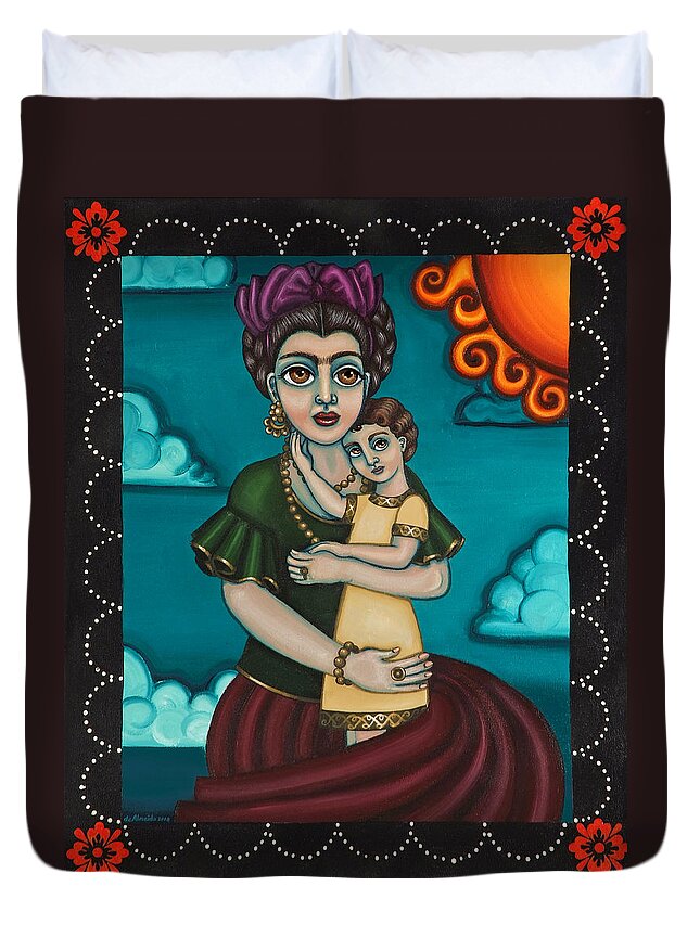 Folk Art Duvet Cover featuring the painting Holding Diegito by Victoria De Almeida