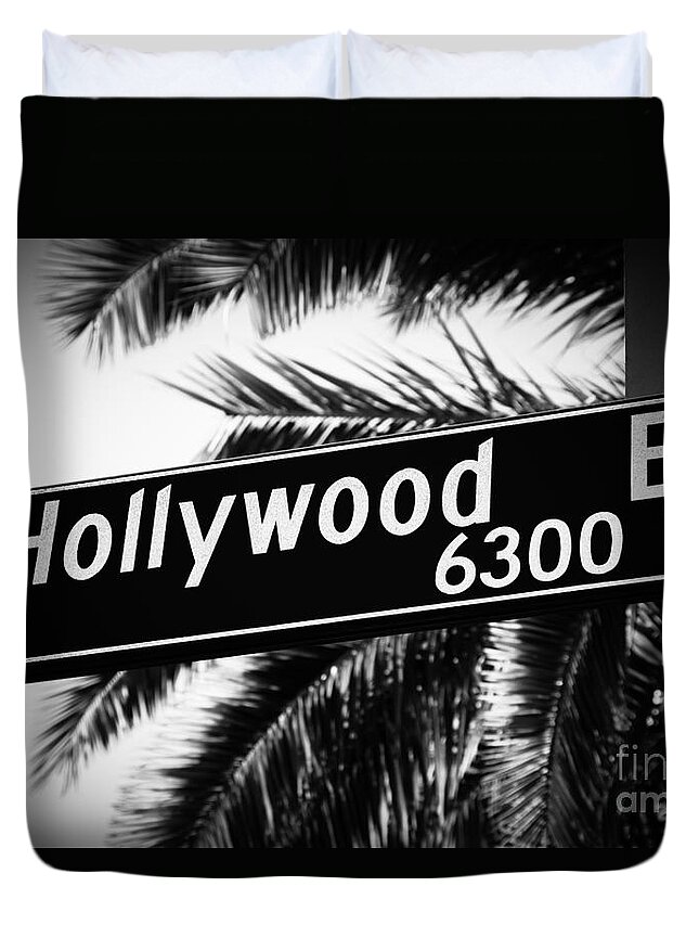 2012 Duvet Cover featuring the photograph Hollywood Boulevard Street Sign in Black and White by Paul Velgos