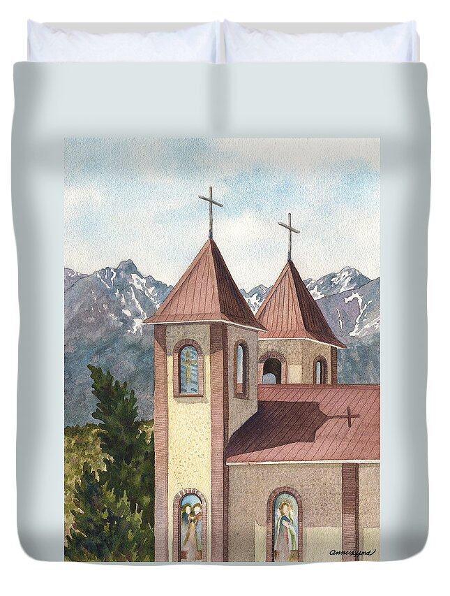 Church Painting Duvet Cover featuring the painting Holy Family Catholic Church in Fort Garland Colorado by Anne Gifford