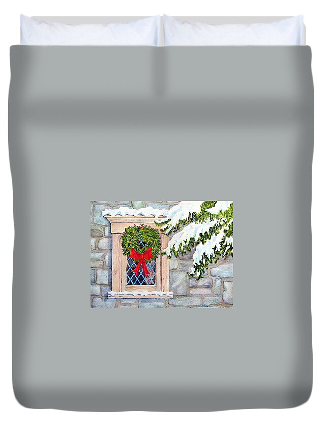 Card Duvet Cover featuring the painting Home for the Holidays by Mary Ellen Mueller Legault