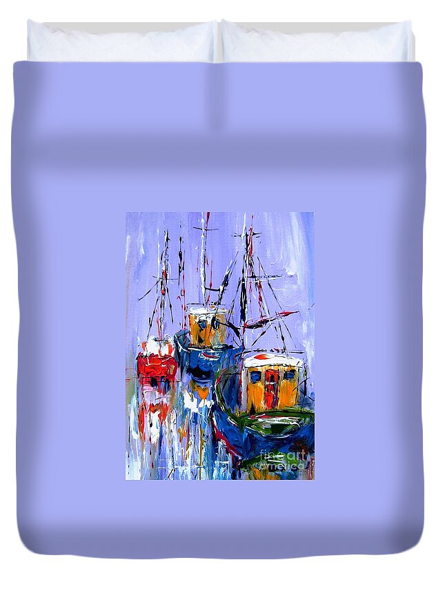 Abstract Duvet Cover featuring the painting Wall art print titled sail , explore , discover by Mary Cahalan Lee - aka PIXI