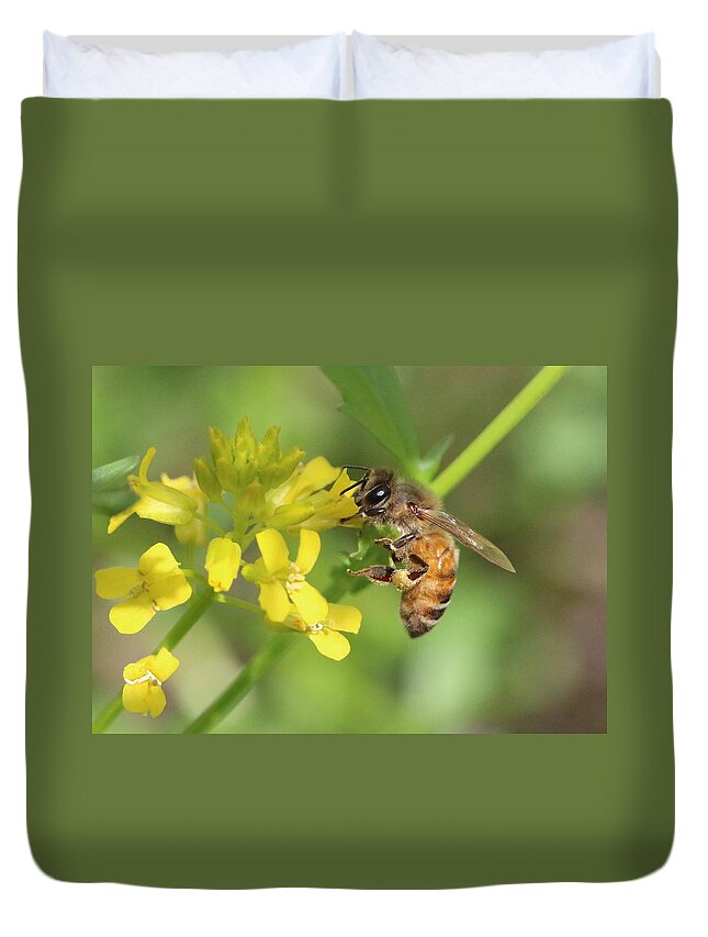 Honeybee Duvet Cover featuring the photograph Honey Bee on Mustard by Lucinda VanVleck