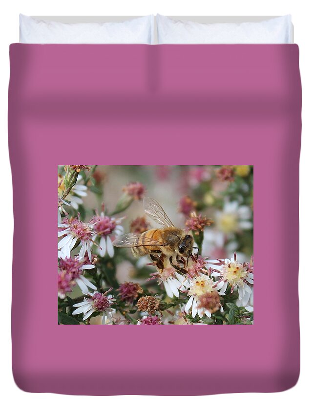 Honeybee Duvet Cover featuring the photograph Honeybee Sipping Nectar on Wild Aster by Lucinda VanVleck