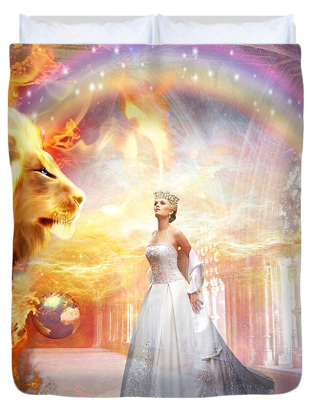 Lion Of Judah Hope Bride Of Christ Rainbow Stars Heaven Kings Court Room Earth World Duvet Cover featuring the digital art Hope of Glory by Dolores Develde