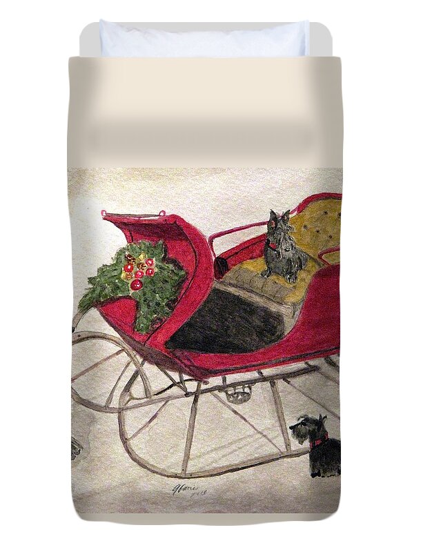 Scotties Duvet Cover featuring the painting Hoping For A Sleigh Ride by Angela Davies