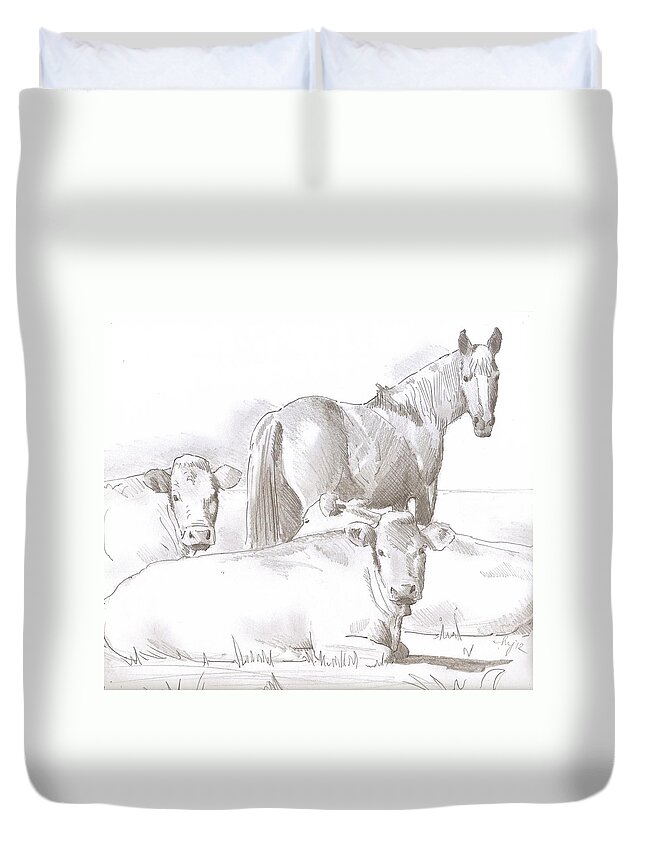 Horse Duvet Cover featuring the drawing Horse and Cows sketch by Mike Jory