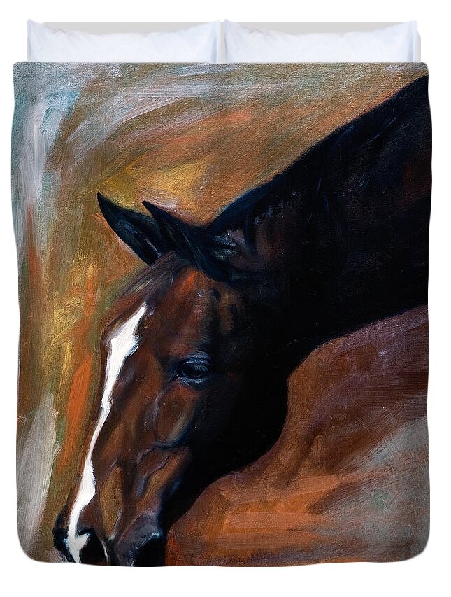 Horse Duvet Cover featuring the painting horse - Apple copper by Go Van Kampen