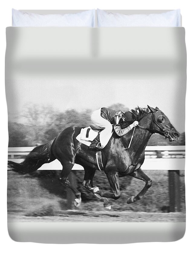 1 Person Duvet Cover featuring the photograph Horse Racing At Pimlico Track by Underwood Archives