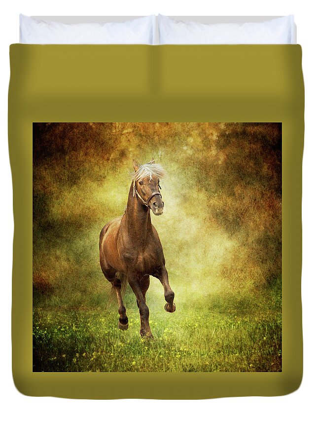Horse Duvet Cover featuring the photograph Horse Running Free In Meadow by Christiana Stawski