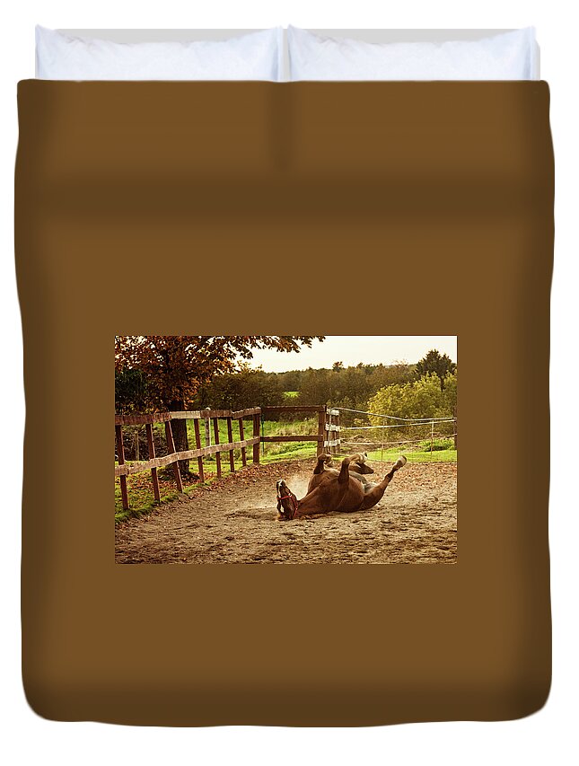 Horse Duvet Cover featuring the photograph Horse Upside Down by Patrick Matte
