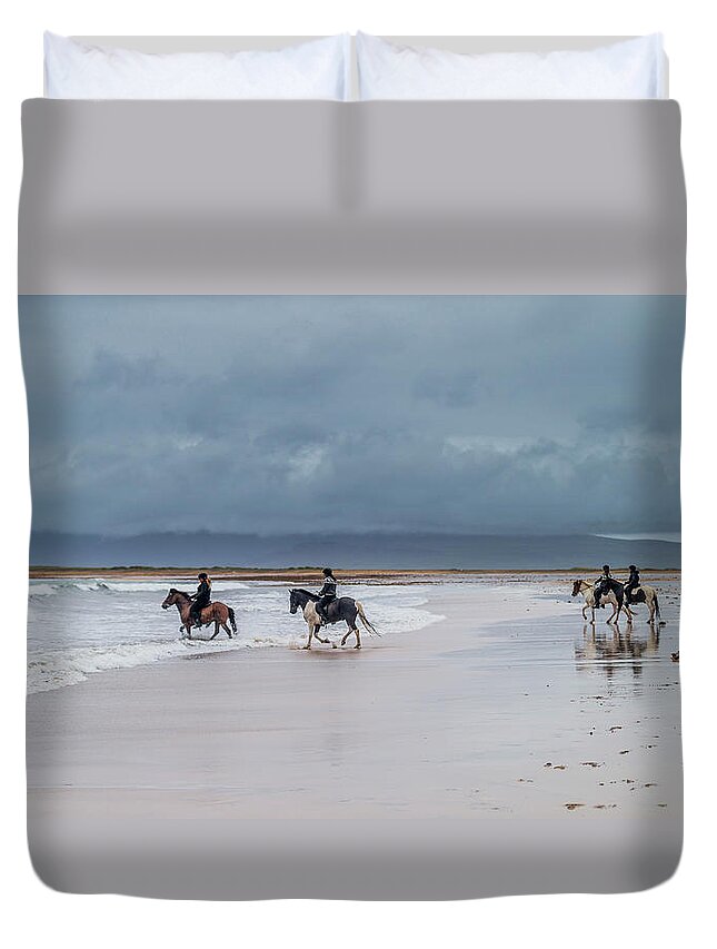Horse Duvet Cover featuring the photograph Horseback Riding In The Ocean, Iceland by Arctic-images