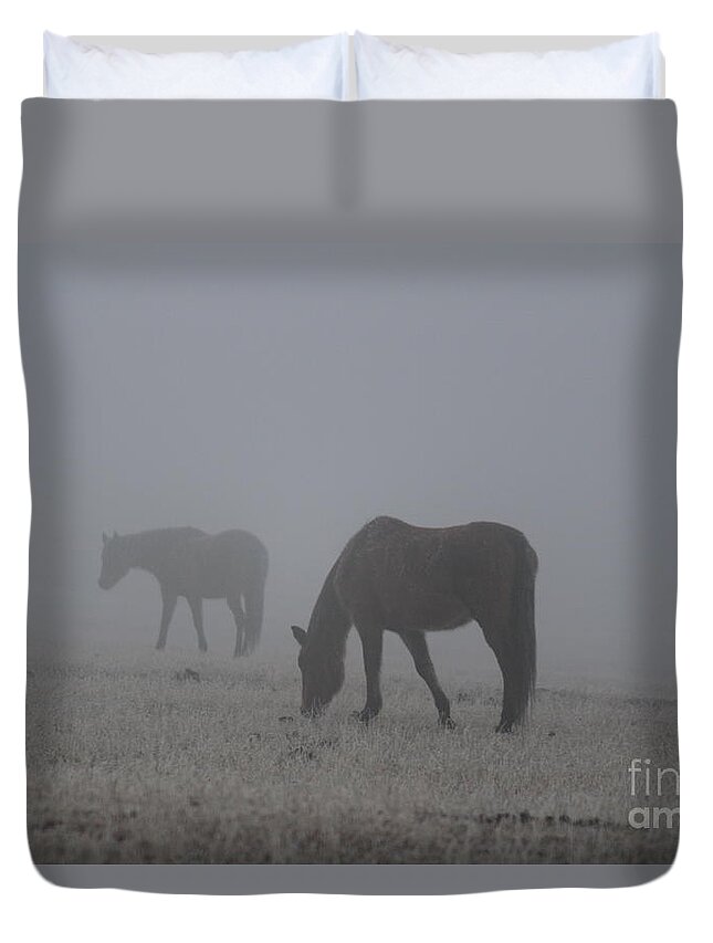 Horses Duvet Cover featuring the photograph Horses in the Morning Fog by Ann E Robson