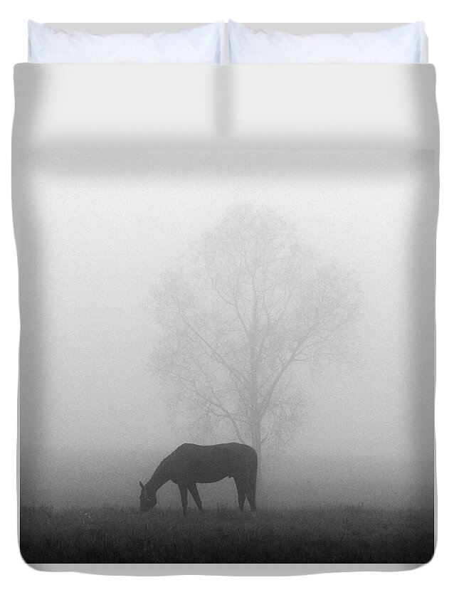 Finland Duvet Cover featuring the photograph Horses of the Fall bw by Jouko Lehto