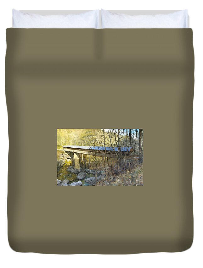 Covered Bridge Duvet Cover featuring the painting Horton Mill Covered Bridge in Winter by T S Carson