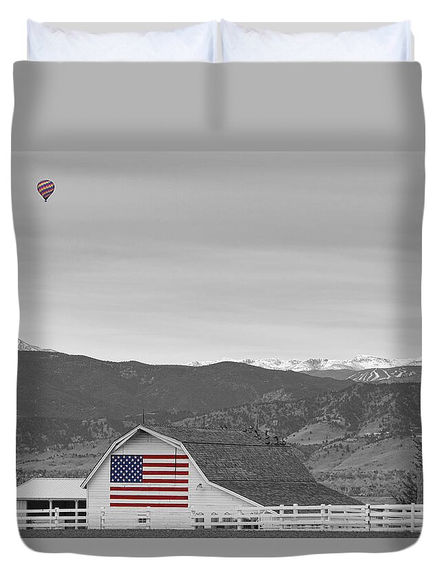 'hot Air Balloon' Duvet Cover featuring the photograph Hot Air Balloon Boulder Flag Barn and Eldora BWSC by James BO Insogna