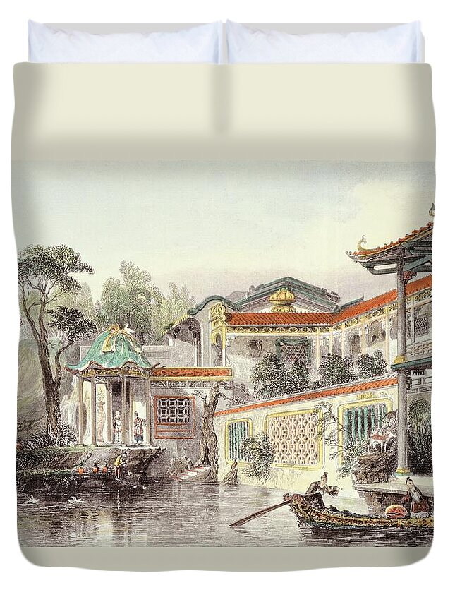 River Duvet Cover featuring the drawing House Of Conseequa, A Chinese Merchant by Thomas Allom