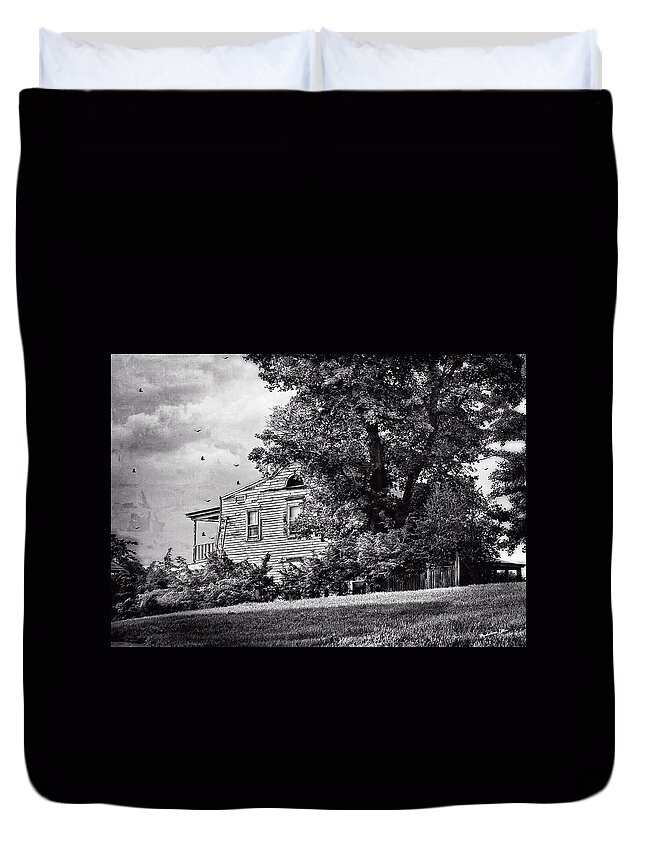 House Duvet Cover featuring the photograph House On The Hill in bw by Madeline Ellis
