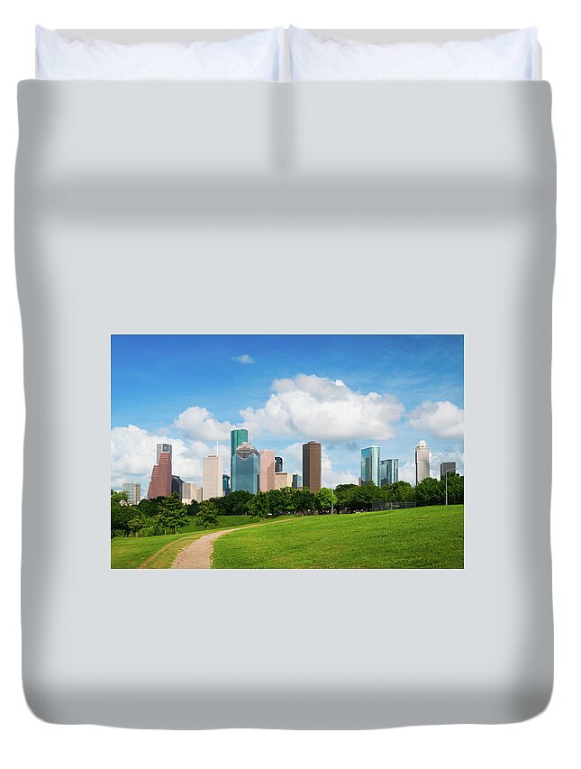 Grass Duvet Cover featuring the photograph Houston Skyline And Park by Davel5957