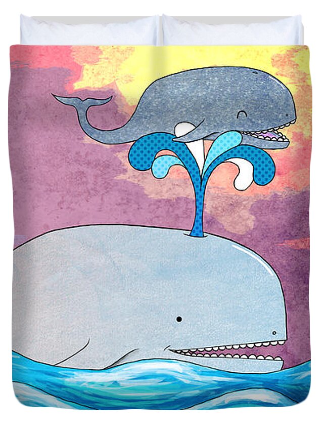 Whale Duvet Cover featuring the mixed media How Whales Have Fun by Shawna Rowe