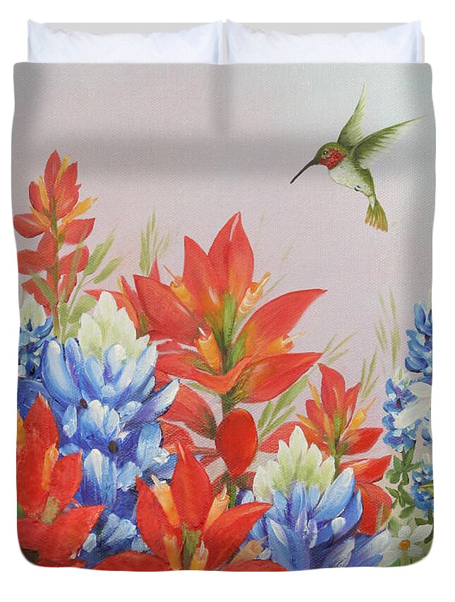 Hummingbird Duvet Cover featuring the painting Humming Bird in Wildflowers by Jimmie Bartlett