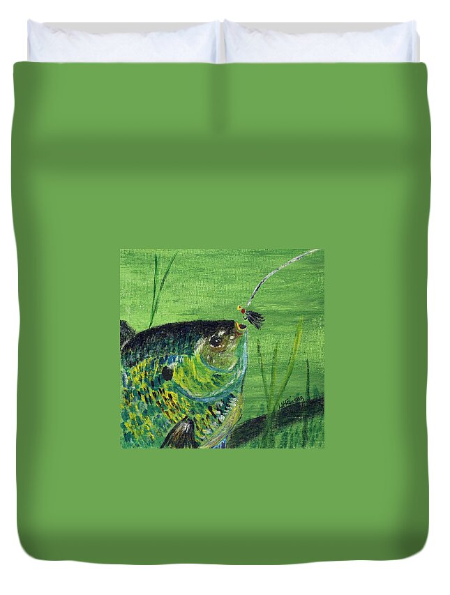 Fish Duvet Cover featuring the painting Hungry Bluegill by Linda Feinberg