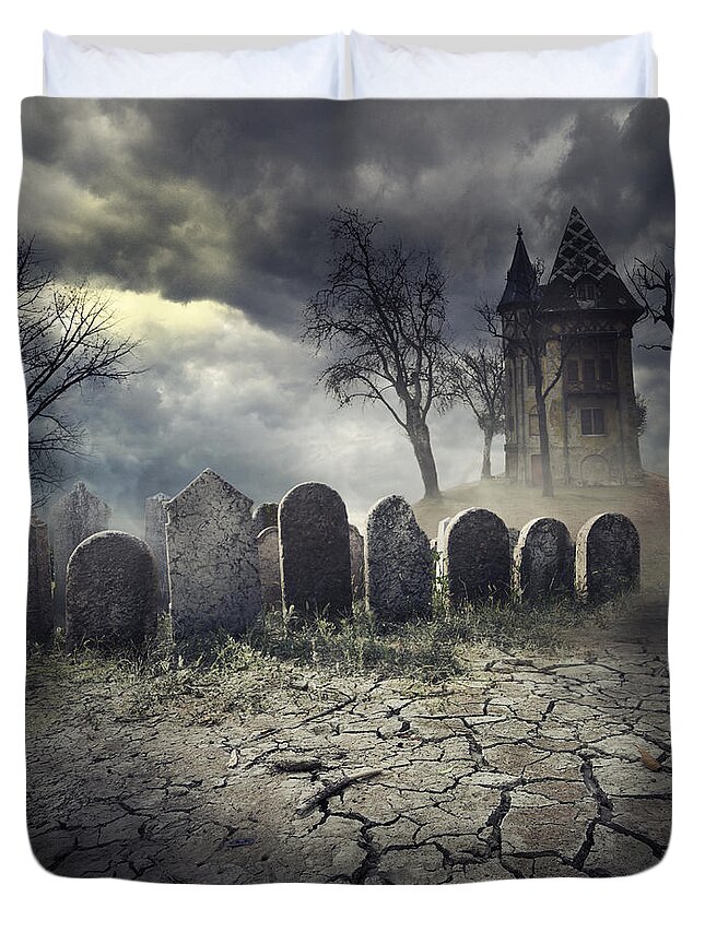 Halloween Duvet Cover featuring the digital art Hunted House on graveyard by Jelena Jovanovic