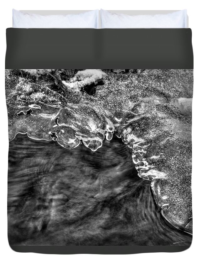 Ice Duvet Cover featuring the photograph Ice On Creek in Black and White by Greg and Chrystal Mimbs