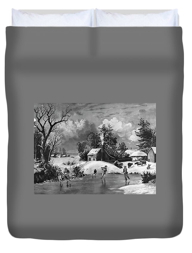 1880 Duvet Cover featuring the painting Ice Skating, 1880 by Granger