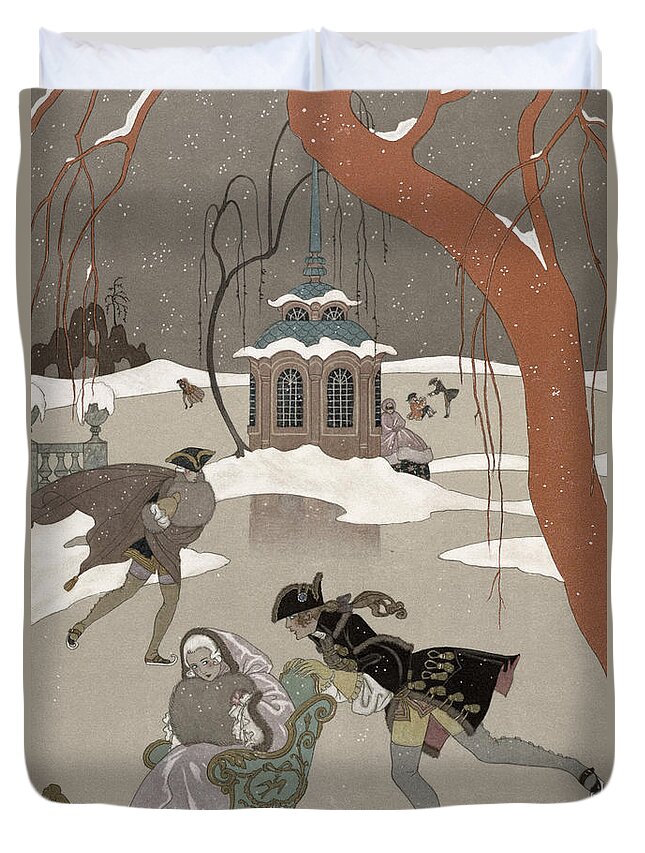 Pond Duvet Cover featuring the painting Ice Skating on the Frozen Lake by Georges Barbier