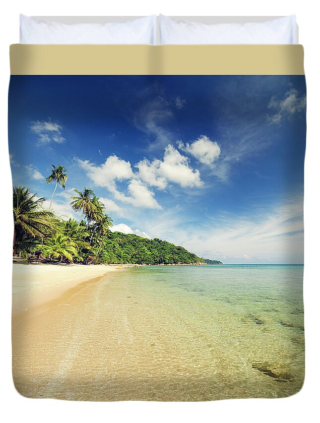 Water's Edge Duvet Cover featuring the photograph Idyllic Tropical Beach In South East by Georgeclerk