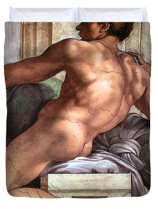 Ignudo Duvet Cover featuring the painting Ignudo Number One of 1511 by Michelangelo Buonarroti