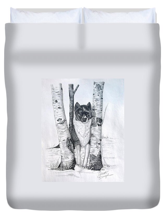 Dog Prints Duvet Cover featuring the drawing Ihasa in the Woods by Joette Snyder