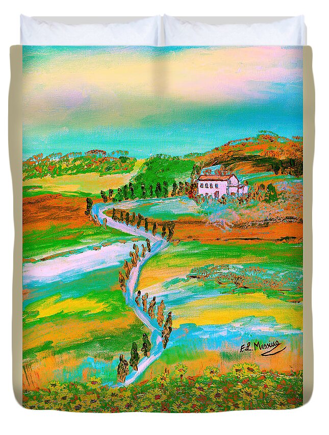 The Approach To A Farmhouse In Rural Tuscany Duvet Cover featuring the painting Tuscan countryside by Loredana Messina