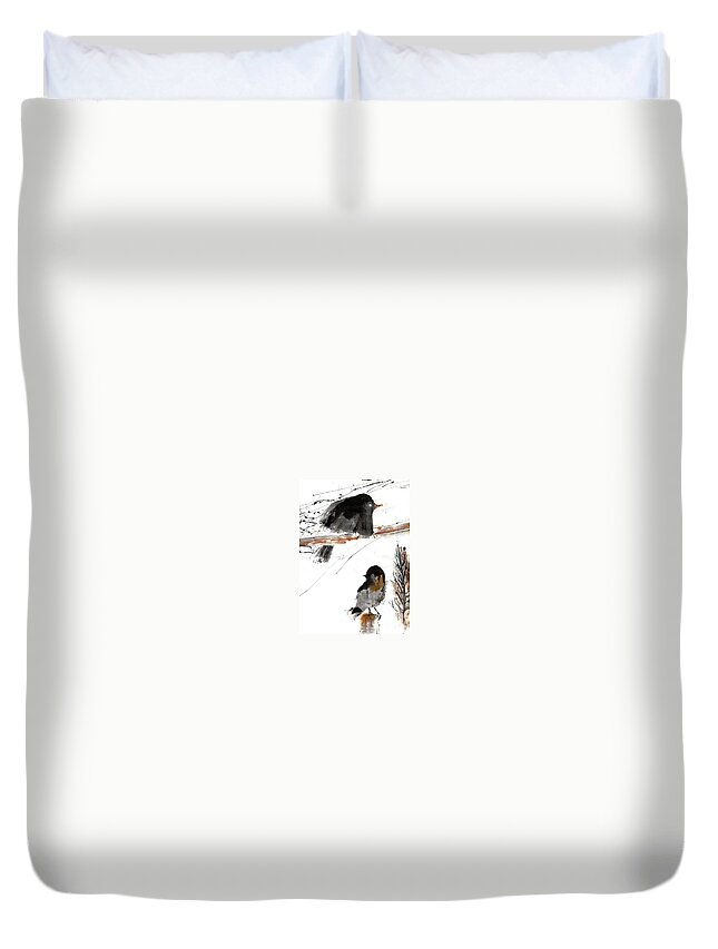 Ink Drawings Duvet Cover featuring the drawing Birds in winter by Karina Plachetka