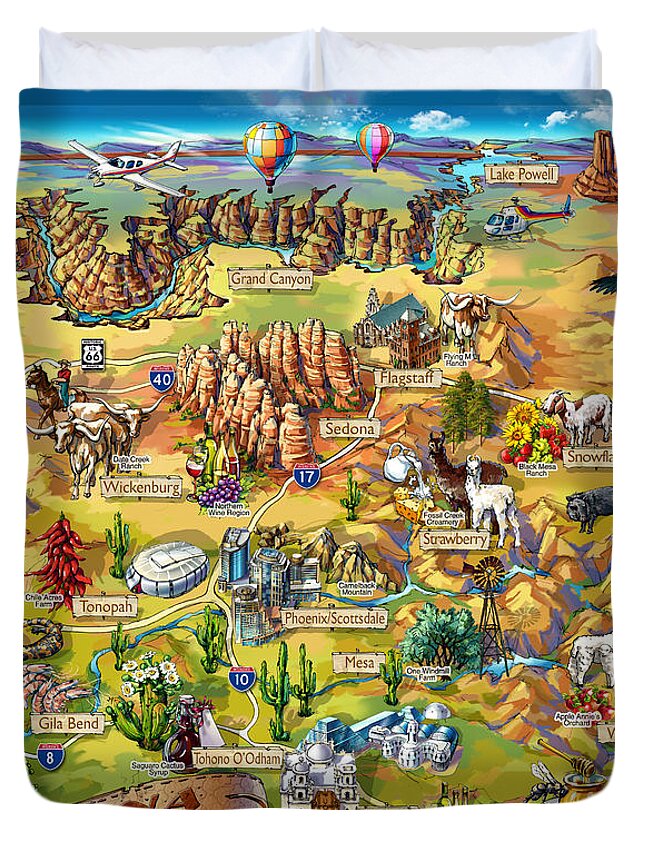Arizona Map Duvet Cover featuring the painting Illustrated Map of Arizona by Maria Rabinky